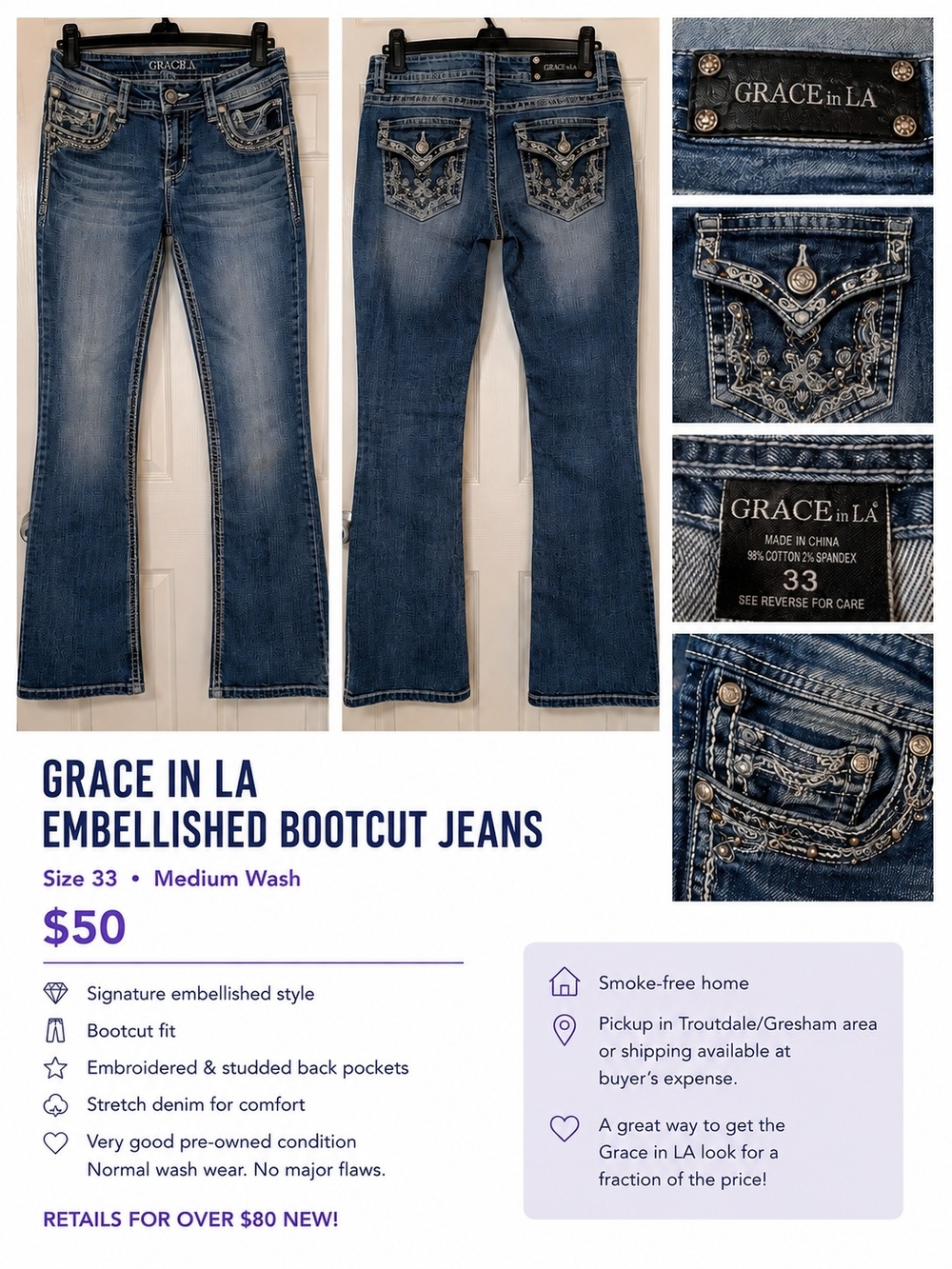 Grace in LA Embellished Boot Cut Jeans — Medium Blue Wash